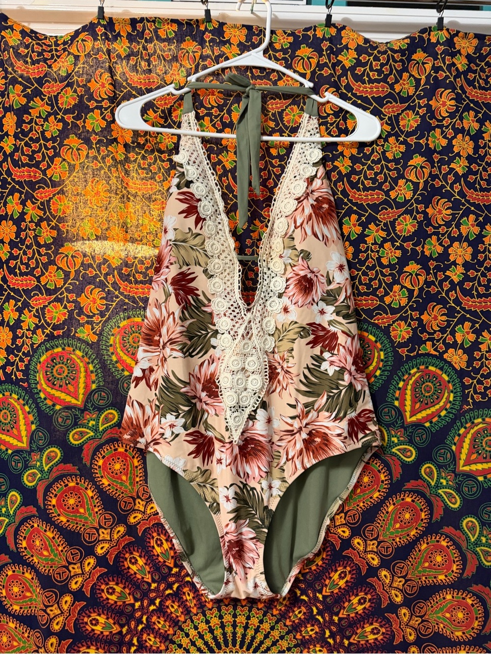 Kona Sol Pink Floral Lace-Trim One-Piece Swimsuit with Halter & adjustable back